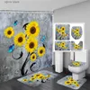 Shower Curtains Rustic Floral Shower Curtain Set Yellow Sunflower Blue Butterfly Flowers Bathroom Decorative Floor Rug Bath Mat Toilet Lid Cover Y240316