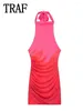 カジュアルドレスTRAFドレス2024女性のファッションプリントシルクメッシュハンディングネックカラーノースリーブスリムフィットバックレスセクシーエレガント