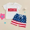 Комплекты одежды, одежда для малышей на 4 июля, рубашка для маленьких мальчиков и девочек, рубашка с американской вышивкой, шорты в полоску со звездами, одежда ко дню памяти