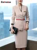 Fotvotee zarif ofis bayanlar için etek takım elbise kadınlar için kore moda uzun kol v boyun blazer kalem 2 adet set 240309