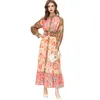 Kvinnors banor klänningar står krage långa ärmar blommor tryckt snörning i midja high street elegant designer vestidos