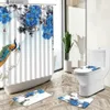 Rideaux de douche Paons Plumes Rideaux de Douche Ensembles Paysage Chinois Fleur Plante Verte Salle de Bain Décor Tapis antidérapant Couverture de Toilette Tapis de Sol Y240316