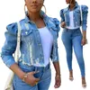 Y2K Womens Ripped Denim Jacket Casual Long Puff Sleeve Button Down Cropped Jean Coats för hösten 240315