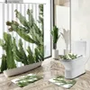 Shower Curtains Tropical Cactus Shower Curtain Green Plants Flowers White Background European Style Non-Slip Carpet Toilet Cover Floor Mat Set Y240318