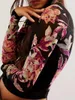 Kobiety dla kobiet T -Siatka z długich rękawów Top kwiatowy nadruk próbka Sheer Sheer Shirt Dopasowana koronkowa bluzka z warstwą Y2K