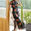 Abbigliamento etnico Donna Abito tradizionale Stampa floreale Qipao Stile cinese Cheongsam Raso Vestido Para Mujer Orlo tagliato Aderente Taglia grande