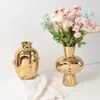 Vasos dourado vaso de cerâmica abstrato rosto decoração recipiente hidropônico sala de estar estante cabeça humana vaso de flores casa ornamento
