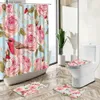 Rideaux de douche Rideau de douche fleur rose papillon oiseau plante feuille aquarelle rurale art tapis antidérapant couverture de toilette ensemble de tapis de sol lavable Y240316