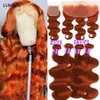 32 fasci di onda del corpo color arancio zenzero con chiusura in pizzo frontale HD con pacchi Ombre tessuto di capelli umani grezzi 3/4 bundle Deal 240312