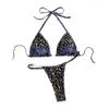 Swimwear féminin 2pcs / ensembles Femmes Sexy Bikini Set Leopard Imprimerie Halter Bra Faux Pearls Brief