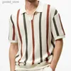 Men's T-Shirts Leisure breathable knitted plush mens new casual lapel short sleeved knitted polo shirt mens summer beach striped knitted top Q240316
