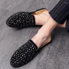 Slippers Fashionable Half Colorful Diamond Heel Free Lazy Bean Shoes Men's Black Size 38-44