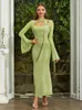 Robes décontractées Sexy Col Carré Flare Manches Maxi Robe Femmes Vert Manches Longues À Lacets Slim Soirée Celebrity Club Party