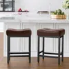 Lot de 2 tabourets de bar, hauteur de comptoir de 61 cm, tabouret de comptoir moderne rembourré, tabouret de selle sans dossier en cuir PU pour îlot de cuisine ou bar à la maison, marron