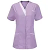 Damen T-Shirts Uniform Scrubs Tops V-Ausschnitt Kurzarm Taschen Overalls Uniformen Patchwork Farbe Krankenpflege Arbeitskleidung