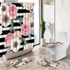 Cortinas de chuveiro preto branco moda listrado 3d rosa flor cortina de chuveiro planta folha pássaro antiderrapante pedestal tapete banheiro deco conjunto y240316