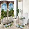 Dusch gardiner havfönster se dusch gardin blommor grön växt träd skog vattenfall naturligt landskap icke-halk matta toalett täcker badrum set y240316