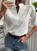 Summer Women Casual Chic White Bluses V Neck Out Out Modello floreale Eccello per occhielli Mezza manica Daily usura Top 240313