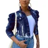 Y2K Womens Ripped Denim Jacket Casual Long Puff Sleeve Button Down Cropped Jean Coats för hösten 240315