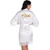 Women's Sleepwear Bronzing Letter Robe Bride Kimono Gown Lady Satin Homedress Sexy Lace Trim Loungewear Nightdress Casual Initiate Lingerie