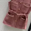 Damenwesten Frauen Frühling Sommer Wollmischung O-Ausschnitt Schärpen Taschen Einreiher ärmellose Jacken Vintage Süße dünne weibliche Kleidung