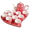 Teaware Sets High Grade Chinese Wedding Gift Bridal Supplies Red Ceramic Teacup Teapot Double-happiness Tea Pot Heart-shaped Tray Set