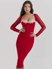 Casual Dresses 2024 Sexy Women's Red Knee Length Dress Strapless Lace Design Long Sleeved Bodycon Celebrity Cocktail Evening Party Vestid