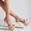 Sandálias verão stilettos senhoras luxuosa pele rosa plataforma sapatos mulheres 17cm fino salto alto zapatos mujer passarela mostra bombas
