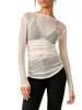 Kvinnors T -skjortor Kvinnor långärmad mesh Crop Top Turtleneck Sheer Blus Sexig Se genom toppar Y2K Lace som går ut skjorta