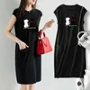 Basic Casual Dresses Women Summer Kaii Cat Print Dress Korean Fashion Aesthetic Clothes Casual Streetwear Black Loose Midi Dresses for Women 2023C24315