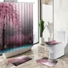 Duschvorhänge, verträumtes rosa Kirschblüten-Schwan-Duschvorhang-Set, Wald, Baum, Landschaft, Heimdekoration, Badematte, Toilettenbezug, Flanell, Badezimmerteppich, Y240316