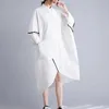 Basic Casual Dresses #33 White Women Asymmetrical Shirt Dress Batwing Sle Loose Front Buttons Midi Dress Big Pockets Turn-down Collar Summer2023C24315