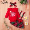 Elbiseler Zafille Bebek Kız Noel Giysileri Kırmızı Romper Bodysuit+Yay Ekose etekler İlk Yeni Yıl Kostüm Bebek Noel Kıyafetleri