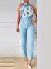 Women's Two Piece Pants Women Floral Print Halter Sleeveless Top High Waist Set With Belt Summer Suit Elegant Office Lady Outfits