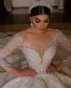 Full Bling Sequins Ball Gown Wedding Dress Sheer Jewel Neck Long Sleeve Bridal Gowns