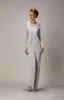 2022 Elegant Plus Size Silver Mother039s Pants Suit For Mother of The Bride Groom Beaded Chiffon Wedding Party Evening Gowns Pr5717976