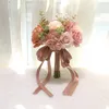 Flores decorativas fita de seda de noiva buquês de casamento segurando buquê de dama de honra artesanal artificial acessórios de casamento