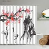 Shower Curtains Japanese Cherry Blossom Shower Curtains Pink Flowers Mountain Water Pavilion Asian Ink Landscape Cloth Bathroom Decor with Hooks Y240316
