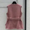Damenwesten Frauen Frühling Sommer Wollmischung O-Ausschnitt Schärpen Taschen Einreiher ärmellose Jacken Vintage Süße dünne weibliche Kleidung