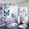 Duschgardiner Floral fjäril Duschgardin Set Purple Blue Flowers Plant Bath Curtain med badmattor Toalett täcker badrumsdekor Dörormat Y240316