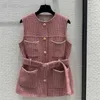 Gilets pour femmes Femmes Printemps Été Laine Mélange O-Cou Ceintures Poches Simple Boutonnage Vestes Sans Manches Vintage Doux Mince Vêtements Féminins