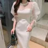 Casual Dresses Korean Chic Organza Patchwork Puff Sleeve Fishtail Dress Women Elegant O-Neck Slim Package Hip Midi Mermaid Vestidos Mujer