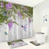 Zasłony prysznicowe Purple kwiaty Zestaw zasłony prysznicowej Zestaw Plant Butterfly Hummingbirds Spring Sceneria Decor łazienka Dekorowanie nie poślizgowe dywaniki