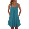 Basic Casual Dresses Women Summer Sundress Sexy V Neck Sleless Button Pleated Large Hem Sundress Fe Boho Knee-length Casual Dress LooseC24315