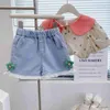 Ensembles de vêtements Ensembles de vêtements d'été pour filles, haut à fleurs avec col de poupée mignon + short en Denim à franges, vêtements pour bébés, costume à la mode pour enfants