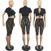 Zweiteilige Damen-Hosen, sexy Party, 2 Sets, Damen-Outfit, Clubwear, durchsichtige knielange Leggings aus Spitze und bauchfreies Top mit Schnürung, passend zum Geburtstag