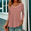 Kvinnors T-skjortor Lace V Neck Blus Women Casual Long Sleeve T-shirt Solid Color Pleated Hem Loose Pullovers Bottom Skjorta Knitwear Top