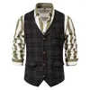 Men's Vests VEIKEEY Vintage Suit Vest Plaid Tweed Men Regular Fit Waistcoat For Wedding Groomsmen Casual Business Sleeveless Jacket