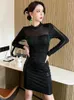 Casual Kleider Frühling Mode Sexy Für Frauen 2024 Schwarz Glanz Helle Pailletten Mesh Club Party Kleid Sheer Langarm Bodycon vestidos