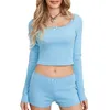 Survêtements pour femmes Femmes 2 pièces Dentelle Garniture Pyjama Ensembles côtelé Tricot Y2K Manches longues Crop Top Shorts Sleep PJs Outfit Lounge Set